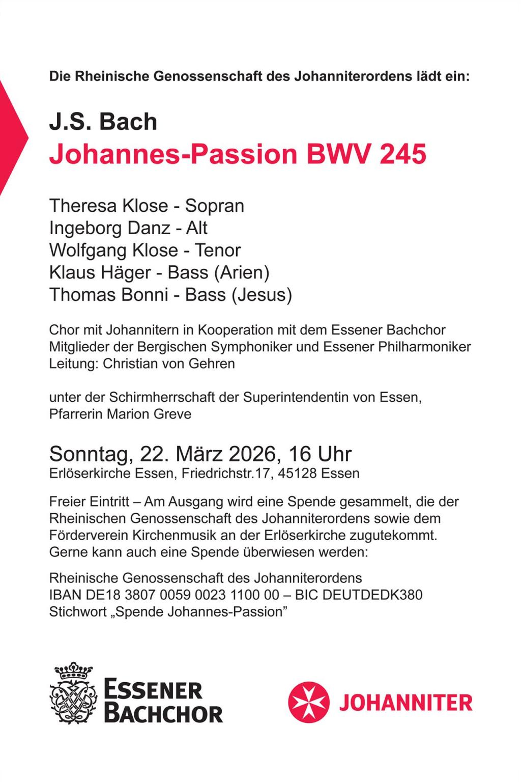 Konzert am 22.3.2026  J.S. Bach  Johannespassion